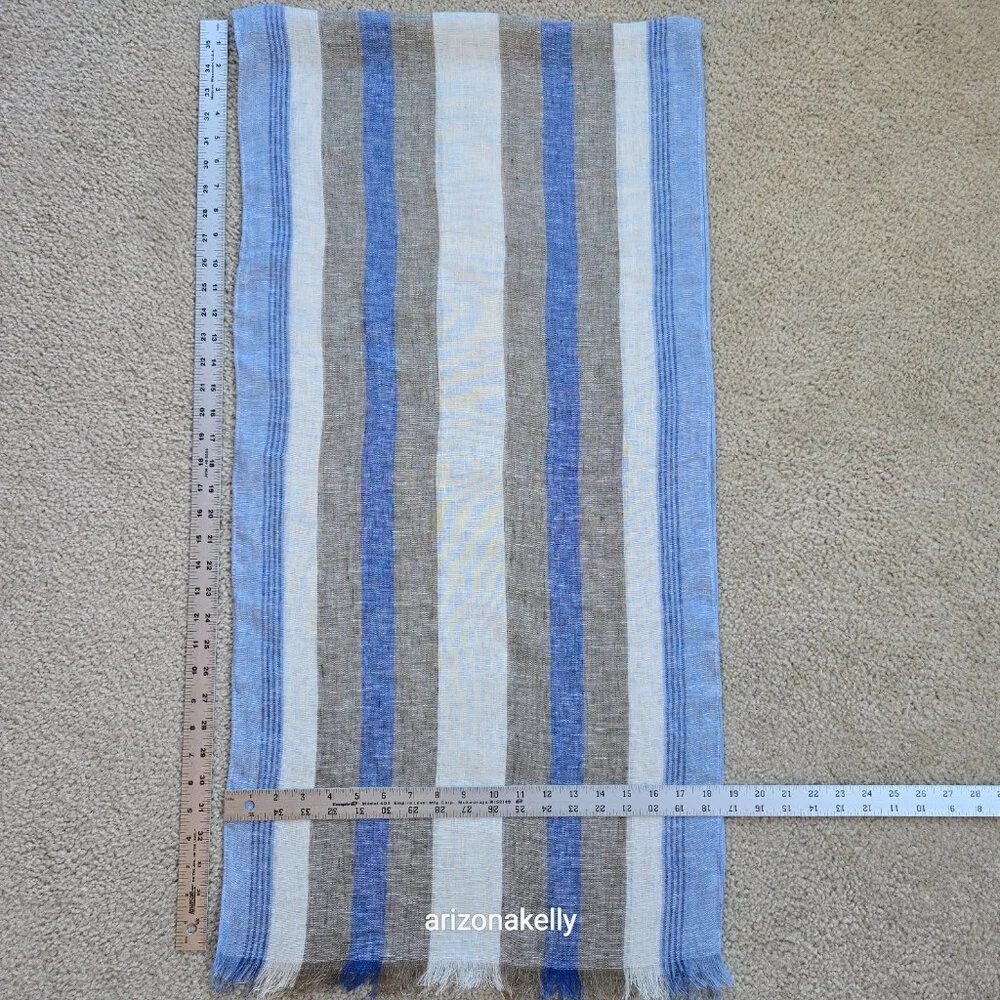 Puro Lino Linen Scarf Stripe Blue White & Taupe Italian Linen